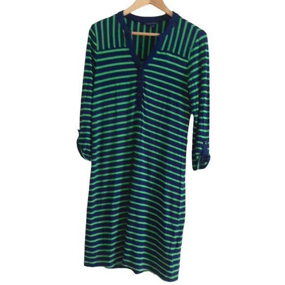 Y2K Tommy Hilfiger Green Navy Striped V-Neck Fitted Midi Sweater Dress S/P - Picture 2 of 11
